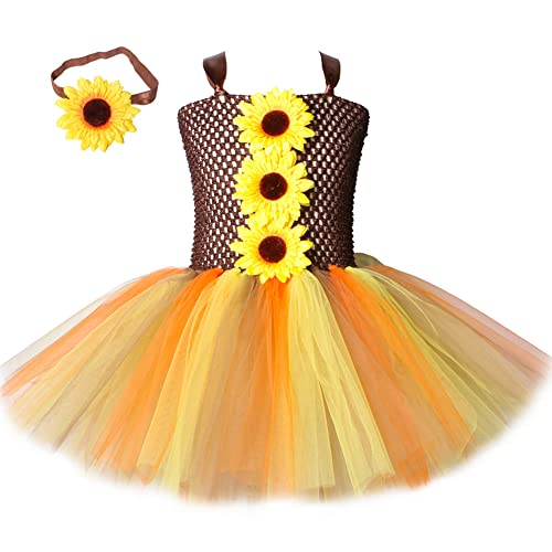 FYMNSI Kinder Mädchen Sonnenblumen Tütü Tüll Prinzessin Kleid mit Stirnband Festliches Festkleid Geburtstag Partykleid Tanzkleid Halloween Weihnachten Fasching Kostüm Verkleidung Gelb 8-9 Jahre von FYMNSI