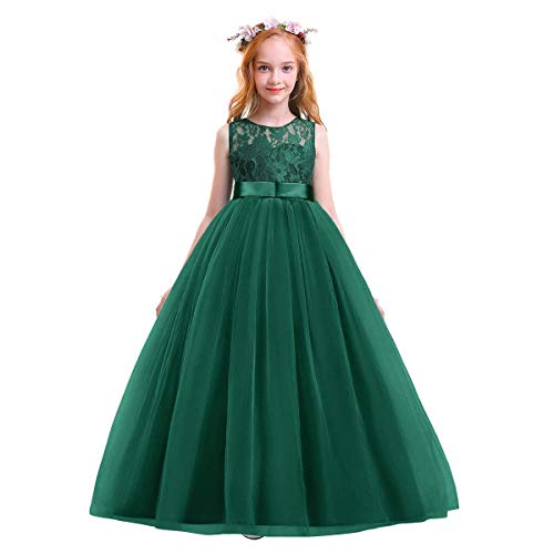 FYMNSI Kinder Mädchen Spitze Tüll Kleid Prinzessin Ärmellos Lang Abendkleid Geburtstag Partykleid Festzug Festkleid Blumenmädchen Hochzeitskleid Brautjungfer A-Linie Maxikleid Dunkelgrün 11-12 Jahre von FYMNSI