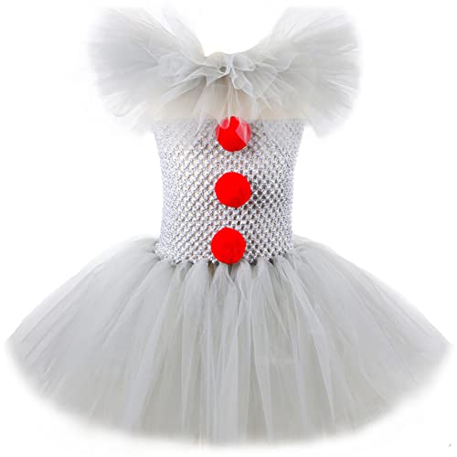 FYMNSI Kinder Pennywise Kost?m Halloween Cosplay Kleinkinder M?dchen Clown Costume Tutu T?ll Kleid mit Haarreifen Outfit Stephen Kings Es Horrorclown Fasching Karneval Verkleidung Grau 8-9 Jahre von FYMNSI