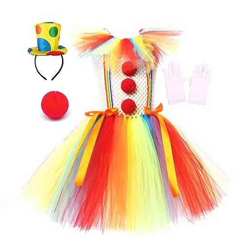 FYMNSI Kinder Pennywise Kost?m Halloween Cosplay Kleinkinder M?dchen Clown Costume Tutu T?ll Kleid mit Stirnband Outfit Stephen Kings Es Horrorclown Fasching Karneval Verkleidung Bunt 6-7 Jahre von FYMNSI