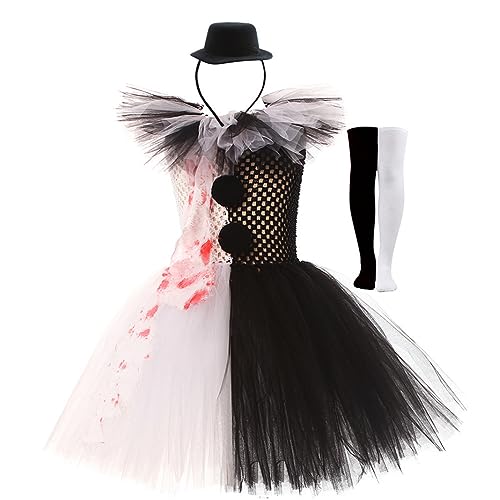 FYMNSI Kinder Pennywise Kost?m Halloween Cosplay Kleinkinder M?dchen Clown Costume Tutu T?ll Kleid mit Stirnband Outfit Stephen Kings Es Horrorclown Fasching Karneval Verkleidung Schwarz 8-9 Jahre von FYMNSI