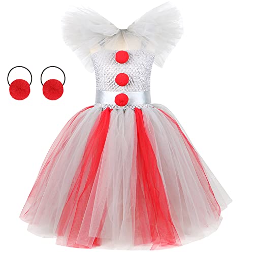 FYMNSI Kinder Pennywise Kost?m Halloween Cosplay Kleinkinder M?dchen Clown Costume Tutu T?ll Maxi Kleid mit Haarreifen Stephen Kings Es Horrorclown Fasching Karneval Verkleidung Grau + Rot 4-5 Jahre von FYMNSI