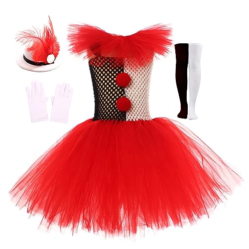 FYMNSI Kinder Pennywise Kostüm Halloween Cosplay Mädchen Clown Costume Tutu Tüll Kleid mit Stirnband Outfit Stephen Kings Es Horrorclown Fasching Karneval Verkleidung Rot 10-12 Jahre von FYMNSI
