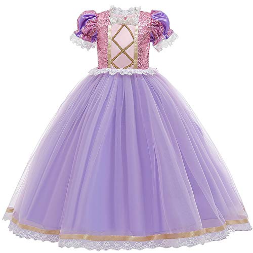 FYMNSI Kinder Prinzessin Rapunzel Kostüm Mädchen Sofia Karneval Fasching Cosplay Pailletten Spitze Tüll Maxikleid Halloween Geburtstag Party Ankleiden Zeremonie Hochzeit Abendkleider Lila 12-13 Jahre von FYMNSI