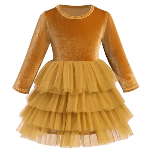 FYMNSI Kinder Samtkleid M?dchen Weihnachtskleid Weihnachten Partykleid Roundhals A-Linie Festliches Festkleid Prinzessin T?t? T?llkleid Freizeit Herbstkleid Winter Hochzeitskleid Gold 1-2 Jahre von FYMNSI