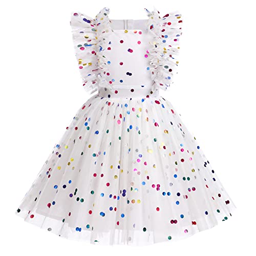 FYMNSI Kleider F?r M?dchen Prinzessin Festliches Kleid Blumenm?dchenkleider Hochzeit Sommerkleid M?dchenkleider R?schen ?rmellos T?llkleid Einschulung Geburtstag Partykleid Wei? Gepunktet 4-5 Jahre von FYMNSI