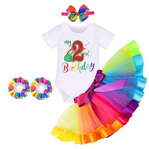 FYMNSI Kleinkind Baby Mädchen zweiten 2. Geburtstag Outfit Wassermelone Thema Zwei Jahre alt Partykleidung Baumwolle Kurzarm Strampler Regenbogen Tutu Rock Stirnband Socken 4er Set 2 Jahre von FYMNSI