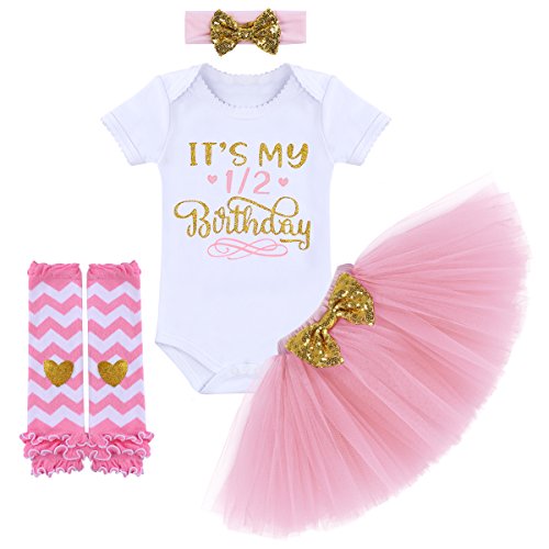 FYMNSI Kleinkinder Baby Mädchen 1. 2. 1/2. Geburtstag Party Outfit Prinzessin Kleid Baumwolle Kurzarm Strampler Tüll Tütü Rock Pailletten Stirnband Beinwärmer Set 4tlg Fotoshooting Kostüm Geschenk von FYMNSI