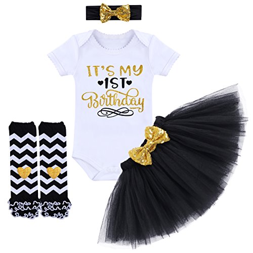 FYMNSI Kleinkinder Baby Mädchen 1. 2. 1/2. Geburtstag Party Outfit Prinzessin Kleid Baumwolle Kurzarm Strampler Tüll Tütü Rock Pailletten Stirnband Beinwärmer Set 4tlg Fotoshooting Kostüm Geschenk von FYMNSI