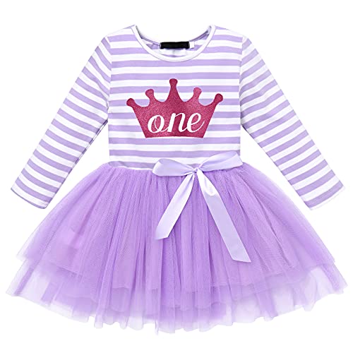 FYMNSI Kleinkinder Baby Mädchen 1. 2. 3. Jahre Geburtstag Party Kleid Gestreift Tüllkleid Langarm Glänzend Krown Prinzessin Tütü Festkleid Streifen Herbstkleid Freizeit Fotoshooting Bekleidung von FYMNSI