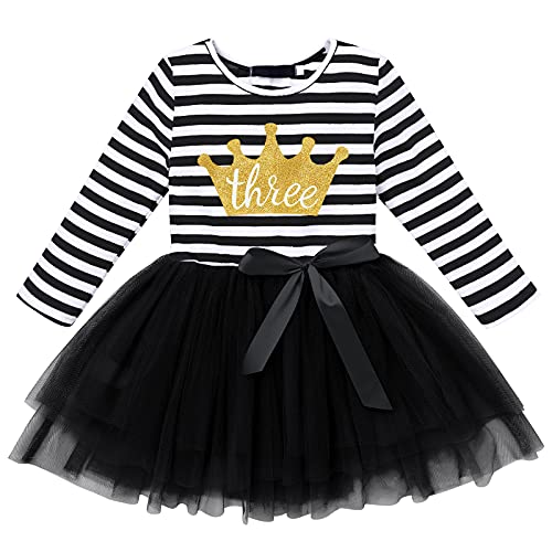 FYMNSI Kleinkinder Baby Mädchen 1. 2. 3. Jahre Geburtstag Party Kleid Gestreift Tüllkleid Langarm Glänzend Krown Prinzessin Tütü Festkleid Streifen Herbstkleid Freizeit Fotoshooting Bekleidung von FYMNSI