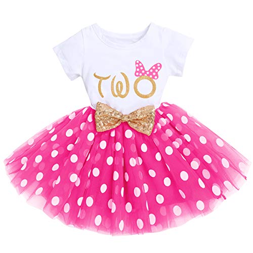 FYMNSI Kleinkinder Baby Mädchen 2. Geburtstag Kleid Kurzarm Tutu Tüllkleid Gepunktet Rock Pailletten Schleife Prinzessin Partykleid Festkleid Fotoshooting Kostüm Rose 2 Jahre von FYMNSI