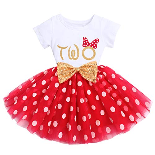 FYMNSI Kleinkinder Baby Mädchen 2. Geburtstag Kleid Kurzarm Tutu Tüllkleid Gepunktet Rock Pailletten Schleife Prinzessin Partykleid Festkleid Fotoshooting Kostüm Rot 2 Jahre von FYMNSI