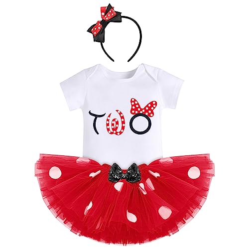 FYMNSI Kleinkinder Baby Mädchen 2. Zweiter Geburtstag Outfit Maus Kostüm Gepunktet Tütü Rock Baumwolle Kurzarm Body Strampler mit Ohr Stirnband 3tlg Sommer Bekleidungsset Rot - Two 2 Jahre von FYMNSI