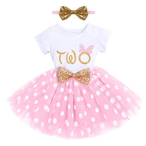 FYMNSI Kleinkinder Baby Mädchen 2. Zweiter Geburtstag Partykleid Baumwolle Kurzarm Gepunktet Tutu Tüllkleid mit Pailletten Schleife Stirnband Prinzessin Fotoshooting Kostüm Sommerkleid Rosa 2 Jahre von FYMNSI