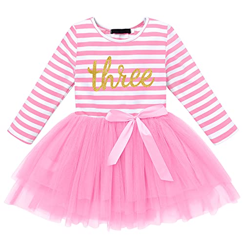 FYMNSI Kleinkinder Baby Mädchen 3 Jahre Geburtstag Party Kleid Gestreift Tüllkleid Langarm Baumwolle Prinzessin Tütü Festkleid Streifen Herbstkleid Freizeit Fotoshooting Bekleidung Rosa von FYMNSI