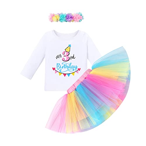 FYMNSI Kleinkinder Baby Mädchen 3. Dritter Geburtstag Outfit Baumwolle Langarm T-shirt Tops Prinzessin Regenbogen Tüll Tütü Rock Blumen Stirnband Set 3 Jahre Geburtstagsparty Kleid Fotoshooting 3J von FYMNSI