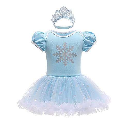 FYMNSI Kleinkinder Baby Mädchen ELSA Cosplay Kleid Schneekönigin Prinzessin Kostüme Kurzarm Bodykleid Stirnband Set Verkleidung Halloween Weihnachten Karneval Geburtstag Partykleid Blau 6-9 Monate von FYMNSI