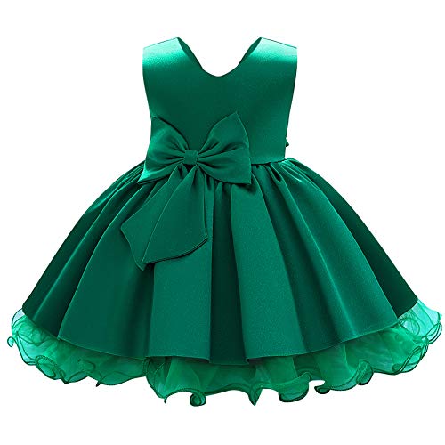 FYMNSI Kleinkinder Baby Mädchen Formal Abendkleid Geburtstag Partykleid Ärmellos Schleife Hochzeit Brautjungfer Satin A-Linie Prinzessin Festliches Festkleid Kurzes Sommerkleid Grün 18-24 Monate von FYMNSI