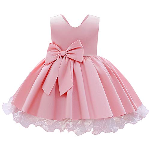 FYMNSI Kleinkinder Baby Mädchen Formal Abendkleid Geburtstag Partykleid Ärmellos Schleife Hochzeit Brautjungfer Satin A-Linie Prinzessin Festliches Festkleid Kurzes Sommerkleid Rosa 4-5 Jahre von FYMNSI