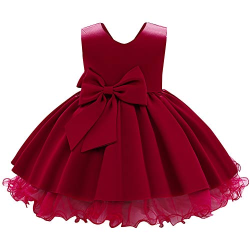 FYMNSI Kleinkinder Baby Mädchen Formal Abendkleid Geburtstag Partykleid Ärmellos Schleife Hochzeit Brautjungfer Satin A-Linie Prinzessin Festliches Festkleid Kurzes Sommerkleid Weinrot 5-6 Jahre von FYMNSI