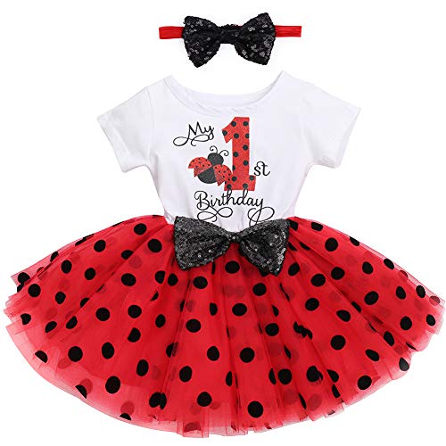 FYMNSI Kleinkinder Baby Mädchen Mein 1. Geburtstag Kleid Marienkäfer Kurzarm Tutu Tüll Gepunktet Rock mit Pailletten Schleife Stirnband 2tlg Bekleidungsset Prinzessin Partykleid Fotoshooting Rot von FYMNSI