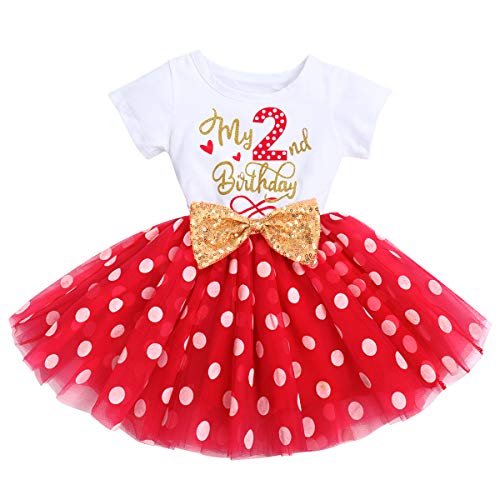 FYMNSI Kleinkinder Baby Mädchen Mein 2. Geburtstag Kleid Kurzarm Tutu Tüllkleid Gepunktet Rock mit Pailletten Bowknot Prinzessin Partykleid Rot 2 Jahre von FYMNSI