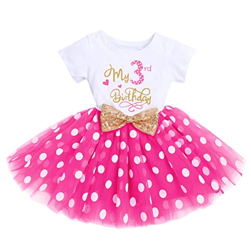 FYMNSI Kleinkinder Baby Mädchen Mein 3. Geburtstag Kleid Kurzarm Tutu Tüllkleid Gepunktet Rock mit Pailletten Schleife A-Linie Prinzessin Partykleid Fotoshooting Outfit Kostüm Rose 3 Jahre von FYMNSI