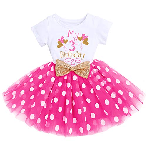 FYMNSI Kleinkinder Baby Mädchen Mein 3. Geburtstag Kleid Kurzarm Tutu Tüllkleid Gepunktet Rock mit Pailletten Schleife A-linie Prinzessin Partykleid Outfit Rose 3 Jahre von FYMNSI