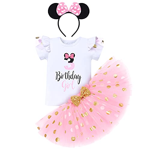 FYMNSI Kleinkinder Mädchen 3. Dritter Geburtstag Outfit Baumwolle Kurzarm T-Shirt Tops Gold Gepunktet Tütü Prinzessin Rock mit Ohr Stirnband 3tlg Bekleidungsset Rosa 3 Jahre von FYMNSI