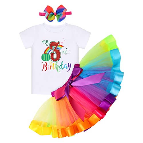 FYMNSI Kleinkinder Mädchen 3. Dritter Geburtstag Outfit 3 Jahre Party Regenbogen Tütü Rock Kurzarm T-shirt Tops Stirnband Bekleidungsset Fotoshooting Karneval Fasching Kostüm Regenbogen 3 Jahre von FYMNSI