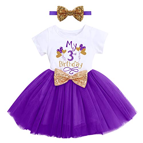 FYMNSI Kleinkinder Mädchen Mein 3. Geburtstag Kleid Baumwolle Kurzarm Tutu Tüllkleid mit Pailletten Schleife Stirnband A-Linie Prinzessin Partykleid Fotoshooting Outfit Lila Ballon 3 Jahre von FYMNSI