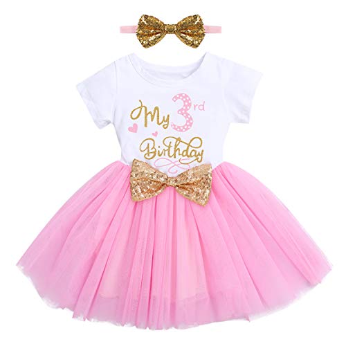 FYMNSI Kleinkinder Mädchen Mein 3. Geburtstag Kleid Baumwolle Kurzarm Tutu Tüllkleid mit Pailletten Schleife Stirnband A-Linie Prinzessin Partykleid Fotoshooting Outfit Rosa 3 Jahre von FYMNSI