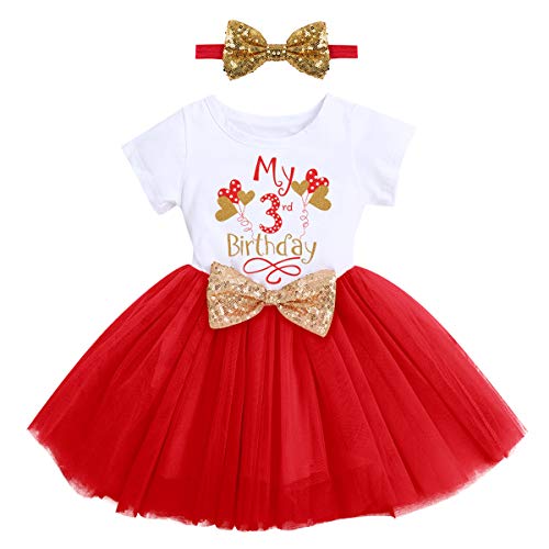 FYMNSI Kleinkinder Mädchen Mein 3. Geburtstag Kleid Baumwolle Kurzarm Tutu Tüllkleid mit Pailletten Schleife Stirnband A-Linie Prinzessin Partykleid Fotoshooting Outfit Rot Ballon 3 Jahre von FYMNSI