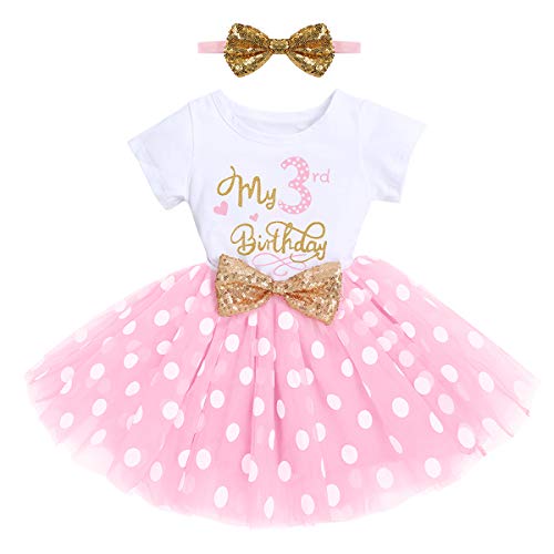 FYMNSI Kleinkinder Mädchen Mein 3. Geburtstag Kleid Kurzarm Tutu Tüllkleid Gepunktet Rock mit Pailletten Schleife Stirnband A-Linie Prinzessin Partykleid Fotoshooting Outfit Rosa Tupfen 3 Jahre von FYMNSI