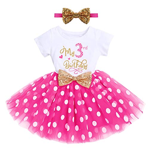 FYMNSI Kleinkinder Mädchen Mein 3. Geburtstag Kleid Kurzarm Tutu Tüllkleid Gepunktet Rock mit Pailletten Schleife Stirnband A-Linie Prinzessin Partykleid Fotoshooting Outfit Rose Tupfen 3 Jahre von FYMNSI