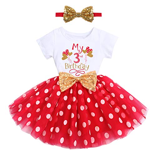FYMNSI Kleinkinder Mädchen Mein 3. Geburtstag Kleid Kurzarm Tutu Tüllkleid Gepunktet Rock mit Pailletten Schleife Stirnband A-Linie Prinzessin Partykleid Fotoshooting Outfit Rot Tupfen Ballon 3 Jahre von FYMNSI
