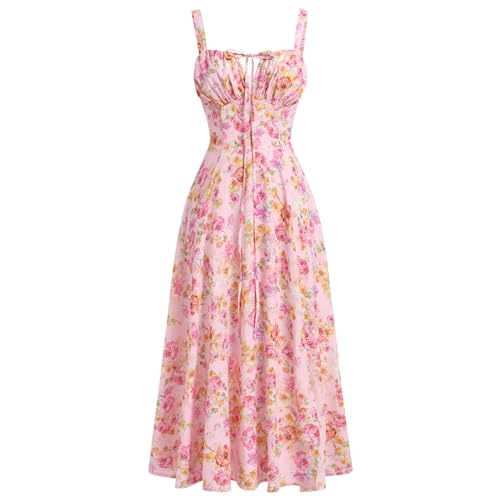 FYMNSI Korsett Kleid Damen, Blumen Druck Sommerkleid Boho Maxikleid Langes Abendkleid Spaghettitr?ger A-Linie Urlaub Strandkleid Hochzeit Partykleid Kordelzug Freizeitkleid mit Schlitz Rosa Blumen S von FYMNSI