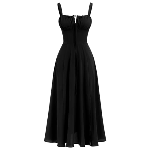 FYMNSI Korsett Kleid Damen, Elegant Sommerkleid Boho Maxikleid Langes Abendkleid Spaghettitr?ger A-Linie Urlaub Strandkleid Hochzeit Partykleid Kordelzug Freizeitkleid mit Schlitz Schwarz L von FYMNSI