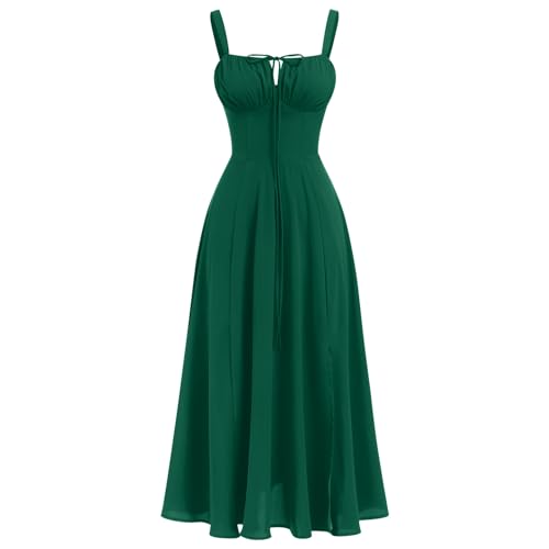 FYMNSI Korsett Kleid Damen, Elegant Sommerkleid Boho Maxikleid Langes Abendkleid Spaghettitr?ger A-Linie Urlaub Strandkleid Hochzeit Partykleid Kordelzug Freizeitkleid mit Schlitz Waldgr?n XL von FYMNSI