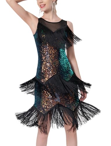FYMNSI Latin Tanzkleid Damen, 20er Jahre Kostüm Charleston Fransenkleid Pailletten Quaste Flapper Kleid Rave Festival Ärmellos Knielang Vintage Gatsby 1920er Cocktail Partykleid Salsa Pfauengrün L von FYMNSI