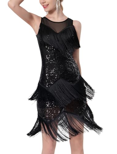 FYMNSI Latin Tanzkleid Damen, 20er Jahre Kostüm Charleston Fransenkleid Pailletten Quaste Flapper Kleid Rave Festival Ärmellos Knielang Vintage Gatsby 1920er Cocktail Partykleid Salsa Schwarz M von FYMNSI