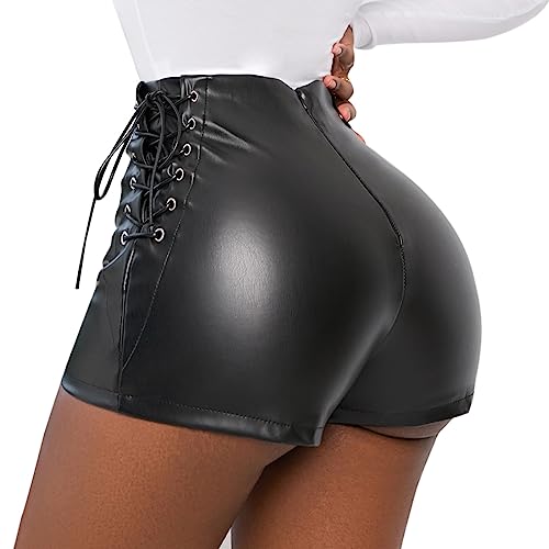 FYMNSI Leder Shorts Damen Kurz Lederoptik Glanz PU Hose Push Up Kunstleder Hotpants Sommer Casual Lässige Schnüren Ledershort Club Party Shorts Reißverschluss Sexy Nachtclub Hotpants Schwarz M von FYMNSI