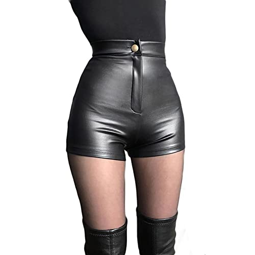 FYMNSI Leder Shorts für Damen Kurz Lederoptik Glanz PU Hose Push Up Kunstleder Hotpants Sexy Hohe Taille Mini Shorts Elastisch Kurze Hose Fasching Rave Tanz Nachtclub Karneval Gogo Clubwear Schwarz M von FYMNSI