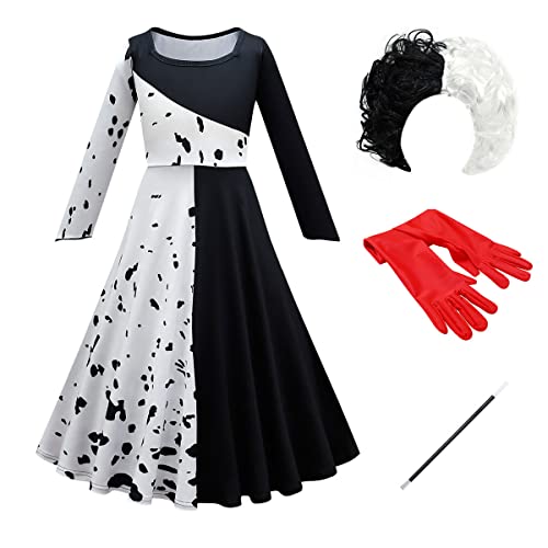 FYMNSI M?dchen Cruella Deville Kost?m Komplett Set, Kinder Cruella de Vil Cosplay Schwarz Wei? Langarm Kleid Per?cke Handschuhe Stange 101 Dalmatiner Verkleidung f?r Halloween Fasching 5-6 Jahre von FYMNSI