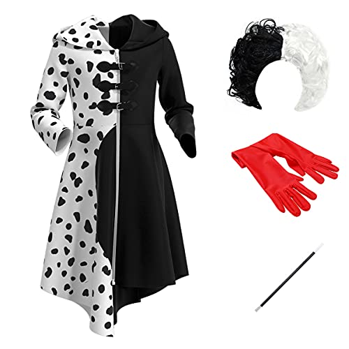 FYMNSI Mädchen Cruella Deville Kostüm Halloween Cosplay Schwarz Weiß Punkte Mantel Kleid Handschuhe Perücke Halter 4 Stück Set, Schwarz-weißes Mantel-Set, 11-12 Jahre von FYMNSI