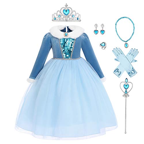 FYMNSI Mädchen Eiskönigin Kleid Prinzessin Schneekönigin Kostüm Schneeflocke Winter Langarm Samtkleid mit Zubehör Set Kinder Weihnachten Halloween Verkleidung Fasching Karneval Cosplay Blau 3-4 Jahre von FYMNSI