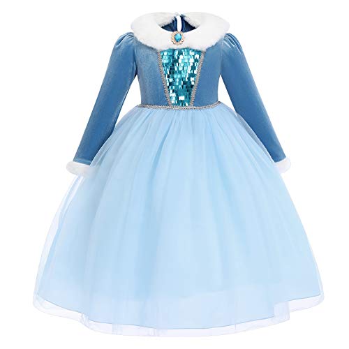 FYMNSI Mädchen Eiskönigin Prinzessin Kostüm Kleid Schneekönigin Langarmkleid Winter Samtkleid Kinder Weihnachten Halloween Verkleidung Fasching Karneval Cosplay Geburtstag Partykleid Blau 7-8 Jahre von FYMNSI