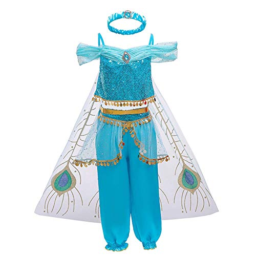 FYMNSI Mädchen Jasmin Kostüm Aladdin Prinzessin Karneval Cosplay Weihnachten Halloween Party Verkleidung Kinder Blau Pailletten Schulterfrei Ärmellos Top Hose Klassisch Ankleiden Outfit 6-7 Jahre von FYMNSI
