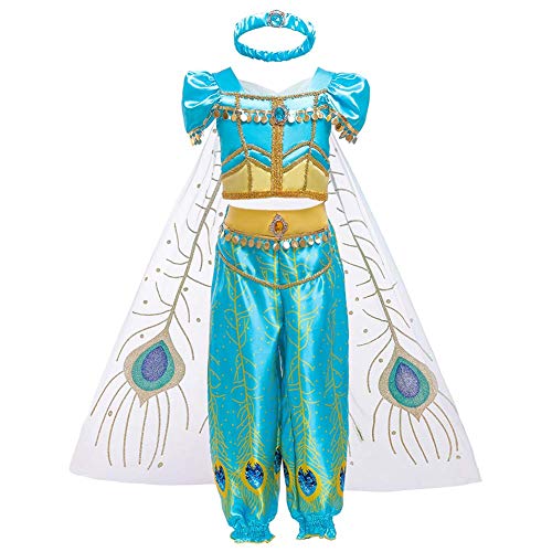 FYMNSI Mädchen Jasmin Kostüm Aladdin Prinzessin Karneval Cosplay Weihnachten Halloween Party Verkleidung Kinder Blau Pailletten Schulterfrei Ärmellos Top Hose Klassisch Ankleiden Outfit 8-9 Jahre von FYMNSI